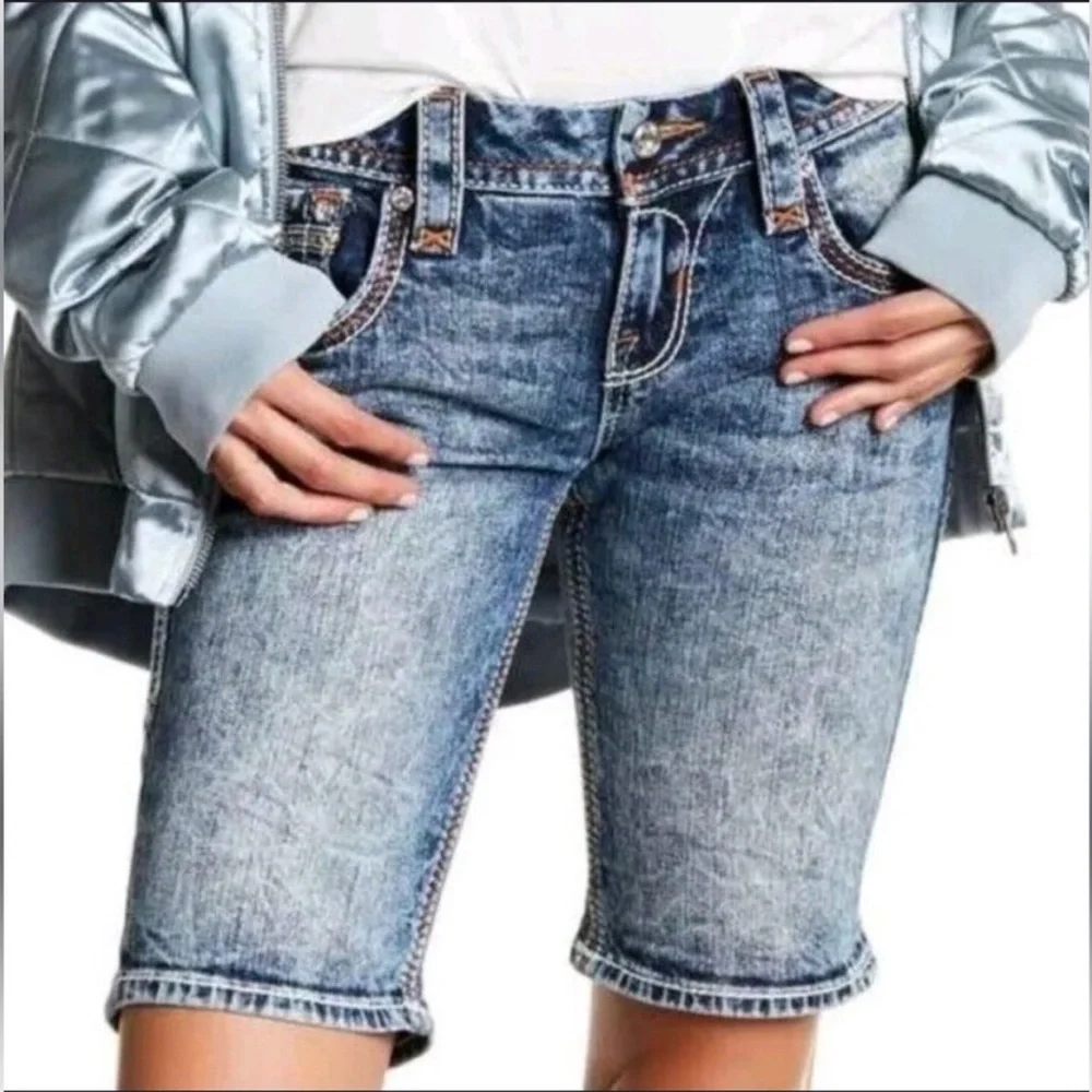 Rock Revival Nancy Bermuda Stretch Denim Shorts Distressed Blue Sz 25